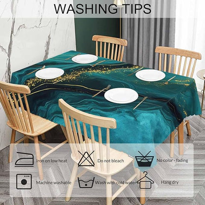 Tablecloth Marble Green, Abstract Liquid Marble Gold Green Rectangular Table Cover Kitchen Table Cloth for Dining Hotel Coffee Parties Tabletop Decoration, 52x70 Inch