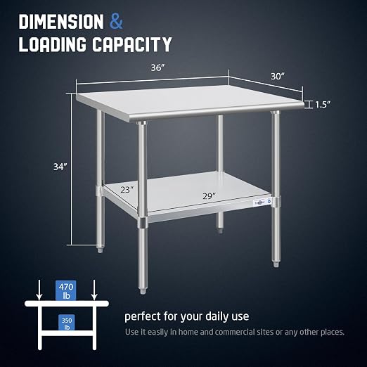 Profeeshaw Stainless Steel Prep Table 30''x36'' NSF Commercial Workbench | Metal Work Table, with Undershelf leveling feet; Heavy Duty Table for Kitchen, Restaurant, Home, Gargae, Hotel, 18-gauge 430