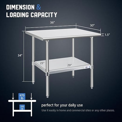 Profeeshaw Stainless Steel Prep Table 30''x36'' NSF Commercial Workbench | Metal Work Table, with Undershelf leveling feet; Heavy Duty Table for Kitchen, Restaurant, Home, Gargae, Hotel, 18-gauge 430