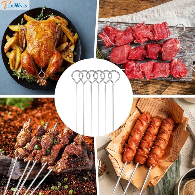 20 PCS 8 Inch Stainless Steel BBQ Kabob Skewers with Storage Box, PEOUWNES Metal Kebob Sticks Reusable Grilling Skewers for Turkey, Shrimp, Chicken, Fruit, Vegetable, Meat, Beef
