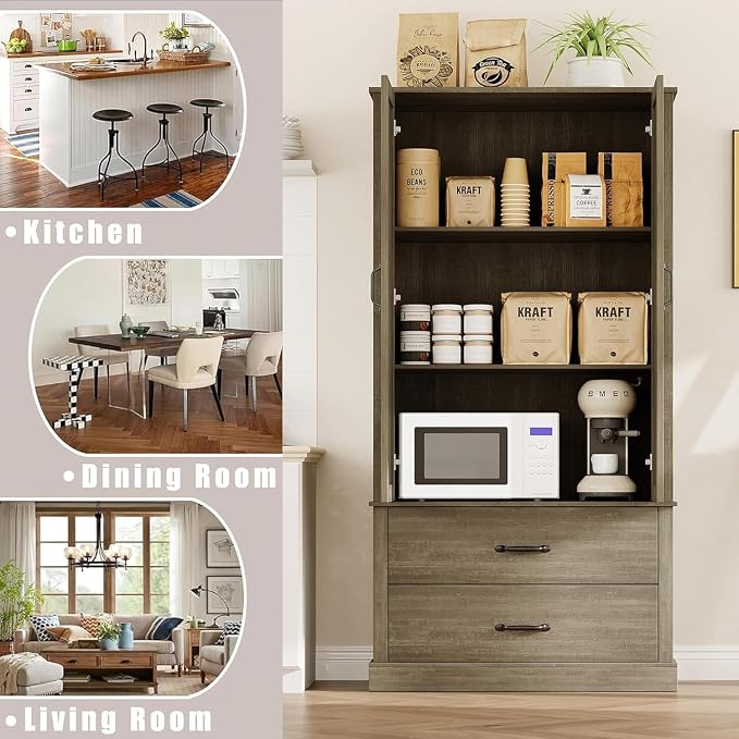 GarveeHome Kitchen Pantry Cabinet, Farmhouse Storage Cabinet with Barn Doors, Drawers and Adjustable Shelves, Versatile Storage for Kitchen, Dining Room, Grey