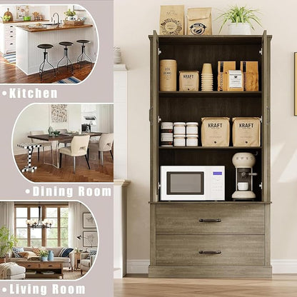 GarveeHome Kitchen Pantry Cabinet, Farmhouse Storage Cabinet with Barn Doors, Drawers and Adjustable Shelves, Versatile Storage for Kitchen, Dining Room, Grey