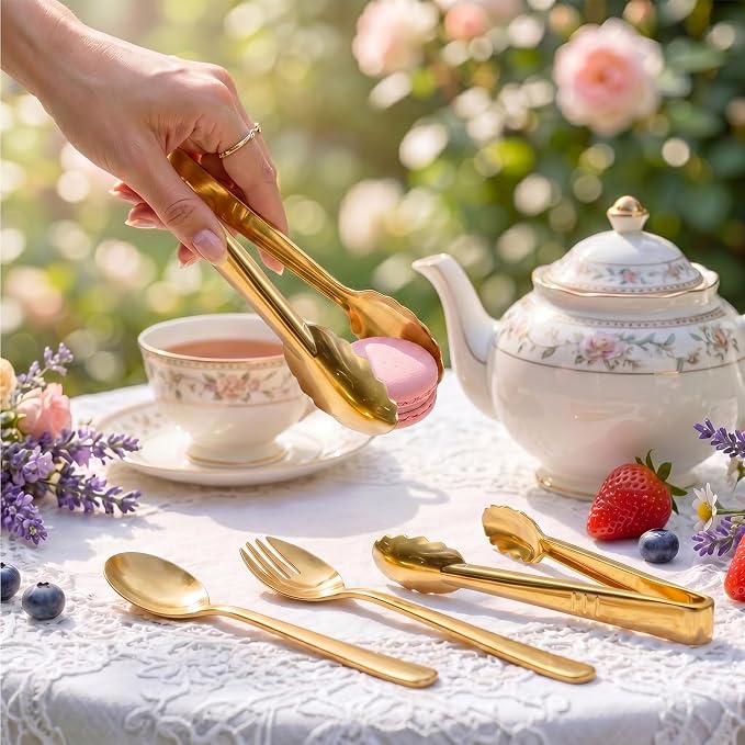24 Pcs Gold Plastic Serving Utensils Set, Elegant Disposable Party Serving Spoons & Forks, Heavy Duty Gold Buffet Utensils for Wedding, Birthday, Baby Shower, Holiday Celebration & Special Events