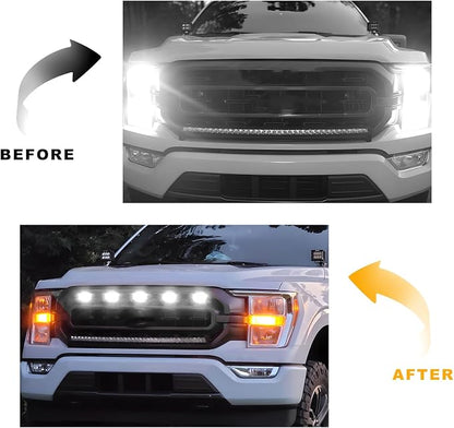 5 PCS Car LED Grille Lights, Waterproof Front Grille Running Lights with Wiring Harness, LED Grill Running Lamp Decorative Light for 2017-2019 F150 Raptor (Black & White, 4 PCS)