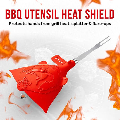 Grillbot Heat Resistant BBQ Heat Shield for Utensils, Protect Hands from Burns, Splatter & Flare-Ups, BPA-Free Silicone, Dishwasher Safe, Universal Fit, Perfect Grill Gift for Men (Red, Bear)