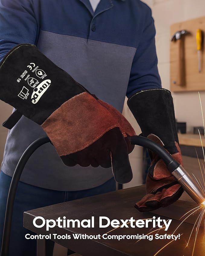 TOPDC Welding Gloves 16Inch 1000℉Heat/Fire Resistant Reinforced Leather Fireproof Gloves with Kevlar Stitching for Mig, Tig, Stick, Forge, BBQ, Grill, Oven, Fireplace, Furnace, Animal Handling, LARGE