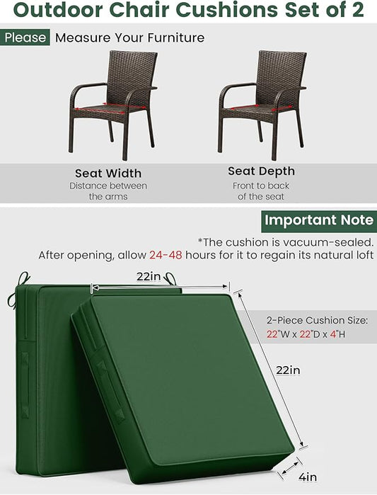 Outdoor Chair Cushion 22 x 22 x 4 Inches Patio Furniture Outdoor Waterproof Seat Cushion, Patio Chair Cushion with Handles and Ties, Square Dining Chair Cushion Set of 2, Green