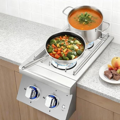 304 Stainless Steel Built-in Side Burner for Outdoor Kitchen, 17,000 BTU Drop-in Gas Stove with Blue LED Lights, Propane & Natural Gas Convertible for BBQ Grill Island (Double 17,000BTU)