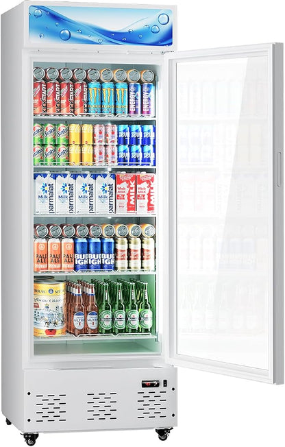 26.8'' W Commercial Beverage Refrigerator, 15 Cu.ft Upright Display Merchandiser Cooler Fridge with LED Light, Adjustable Shelves & Lockable Door for Restaurant Grocery Stores Home, White