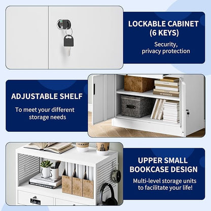 Yizosh Locking Cabinet with 2 Drawers, Metal Storage Cabinet with Locking Doors and Shelves - 41.3" Steel Lockable Storage Cabinet, Metal Cabinet for Home Office, Garage, School (White)