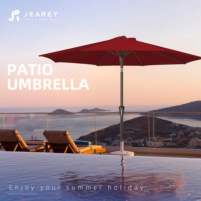 JEAREY 9FT Outdoor Patio Umbrella, Market Umbrella, Burgundy | Outdoor Table Umbrellas with 8 Sturdy， Tilt & Crank UV Protection Waterproof for Garden, Deck, Backyard, Pool