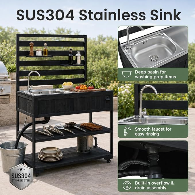 Patio Rolling Kitchen Island with Sink, 41.7 Inch Outdoor BBQ Cart | Solid fir wood frame, stainless steel top and sink, patio BBQ prep, 4 lockable wheels, 2 movable shelves, 41.7 x 16.6 x 65 in