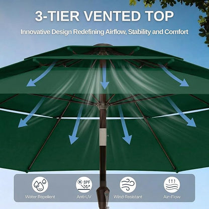 10ft Patio Umbrella, 3 Tier Outdoor Market Table Umbrellas with 8 Fiberglass Ribs and Push Button Tilt, Windproof, Vented Canopy, UV Protection for Deck, Pool, Backyard