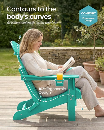 Ciokea Folding Adirondack Chair 6 Pack, Patio Adirondack Chair Weather Resistant, Plastic Fire Pit Chair with Cup Holder, Lawn Chair for Outdoor Porch Garden Backyard Deck (Lake Blue)