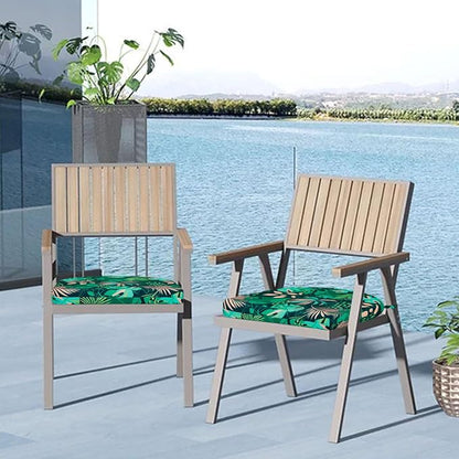 Cozyide Outdoor Chair Cushions, Waterproof Patio Seat Cushions with Adjustable Straps, Round Corner Patio Chair Cushions for Garden, Green Leaf, 17x16x2 Inch (Pack of 2)
