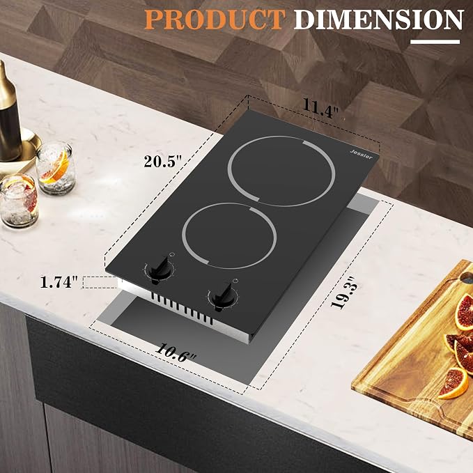 2 Burner Electric Cooktop 110V 2000W Countertop or Built-in | 12 Inch Plug in Two Burner Electric Stove, Hot Plate Ceramic Stovetop, Knob Control, 9 Power Levels and Overheat Protection