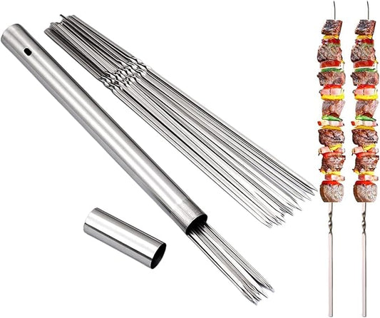 WILLBBQ 304 Stainless Steel 14.8" Long Flat Barbecue Skewers,20PCS/40PCS BBQ Kebab Skewers with Portable Metal Storage Tube,Reusable for Grilling Barbecue Kitchen Party and Outdoor Cooking (40PCS)