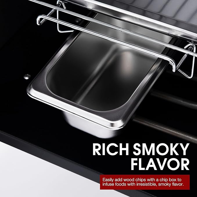 SE2806 28-Inch Analog Electric Smoker With 3 Chrome-plated Smoking Racks, Clear Viewing Window, 454 Sq. In. Cooking Area in Total, 1350W Output, Adjustable Temperature Control, Black