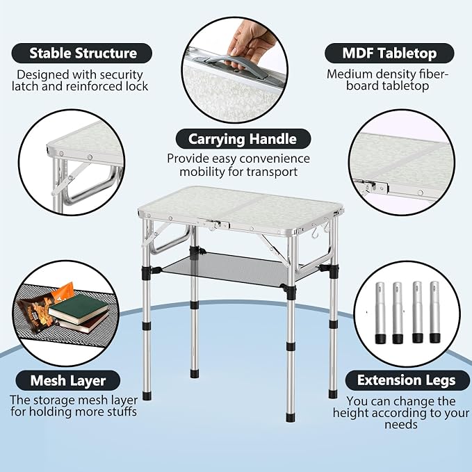 YihuiKo Small Folding Table with Carrying Handle, Portable Picnic Table | Adjustable Heights Max 27.5", Storage Net, Carrying Handle, Aluminum Alloy Frame, Foldable Table, For Camping/Patio