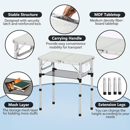 YihuiKo Small Folding Table with Carrying Handle, Portable Picnic Table | Adjustable Heights Max 27.5", Storage Net, Carrying Handle, Aluminum Alloy Frame, Foldable Table, For Camping/Patio