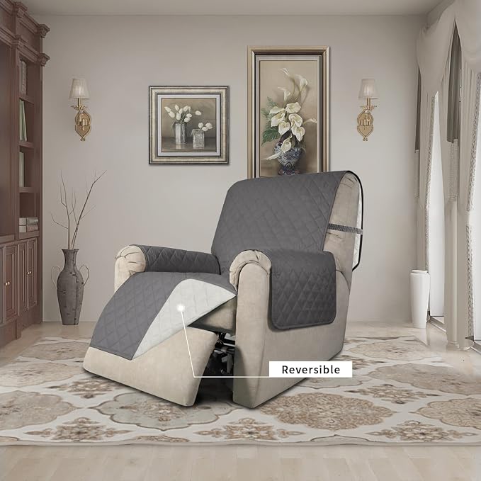 Easy-Going Recliner Chair Slipcover Reversible Sofa Cover Water Resistant Couch Cover Furniture Protector with Elastic Straps for Pets Dog (Recliner 22 inch, Gray/Ivory) | Machine Washable Slipcover For Dogs, Water Resistant Furniture Mat For Living Ro...