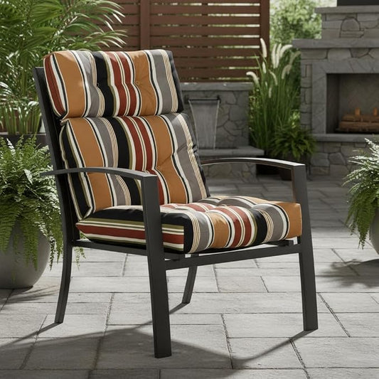 Outdoor Tufted High-Back Chair Cushions, One-Piece Hinged Seat and Back Design, Reversible with 4 Ties, Durable Polyester Fabric, Recycled Fiber Fill - Single, Brick Stripe