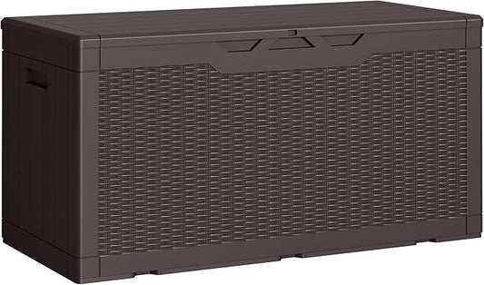 Greesum Outdoor Storage Box 100 Gallon Storage Bin with Lid for Patio Furniture, Garden Tools, Pool Supplies, Lockable, Waterproof and UV Resistant, Dark Brown