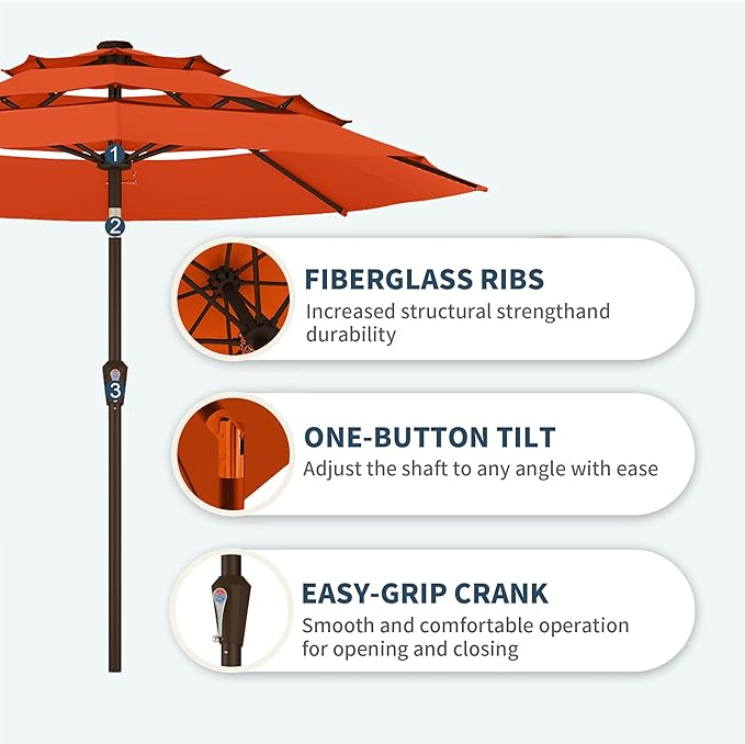 PatioKingdom 9ft 3-Tier Patio Market Umbrella with Crank/Tilt, Commercial Heavy Duty Wind Proof,Outdoor Table Umbrella with 8 Fiberglass Ribs,UPF50+ for Deck,Pool,Garden,Backyard (Orange)