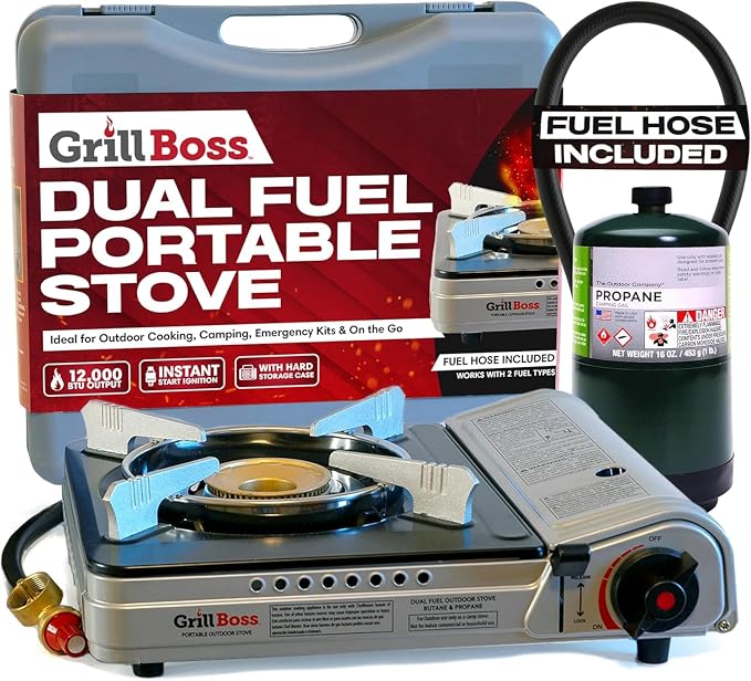 Chef Master Grill Boss Dual Fuel Camping Stove, Butane & Propane, 12000 BTU | Single Burner Gas Cooker, Propane Adapter Included, Works Below Freezing, Double Wind Guard, Piezo Ignition, Hiking, 90057