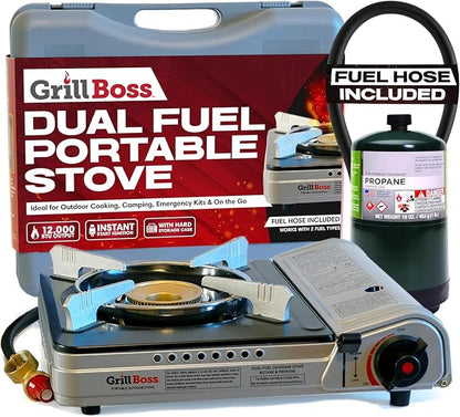 Chef Master Grill Boss Dual Fuel Camping Stove, Butane & Propane, 12000 BTU | Single Burner Gas Cooker, Propane Adapter Included, Works Below Freezing, Double Wind Guard, Piezo Ignition, Hiking, 90057