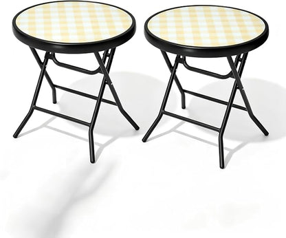 Foldable Side Table with Tempered Glass Top, 2 Pack Yellow | 18" Small Patio Side Tables Outdoor for Porch Yard Balcony Deck Lawn Garden