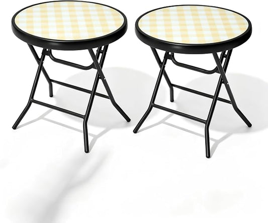 Foldable Side Table with Tempered Glass Top, 2 Pack Yellow | 18" Small Patio Side Tables Outdoor for Porch Yard Balcony Deck Lawn Garden