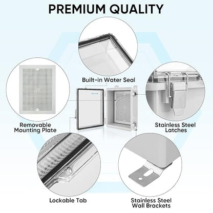 TICONN Outdoor Electrical Box Waterproof, Junction Box IP67 ABS Plastic Enclosure with Hinged Cover with Mounting Plate, Wall Brackets, Cable Glands (Clear, 15.7"x11.8"x7.1")