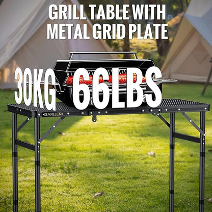 GARLLEN Folding Grill Table Max Capacity 66lbs, 3 Adjustable Height Portable Folding Camping Table with Heat-Resistant Mesh Tabletop, Aluminum Picnic Table for Outdoor, BBQ, Camping, 34.2"L x 15.7"W