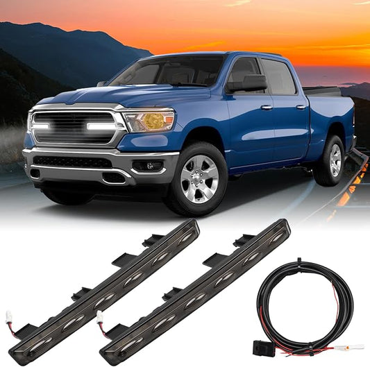 FUSCH Pair of LED Front Grill Lights Compatible with Dodge Ram 1500 Big Horn Laramie Tradesman 2019-2024, Exterior Grille Trim Lamp with Wiring Harness, Radiator Grille Light White - Smoked Lens