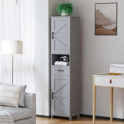 Homhedy 67" H Tall Bathroom Storage Cabinet with Barn Doors and Drawer | Narrow Storage Unit with Adjustable Shelves, Floor Cabinet for Bathroom, Living Room, Entryway or Kitchen, Gray, 15.7" W