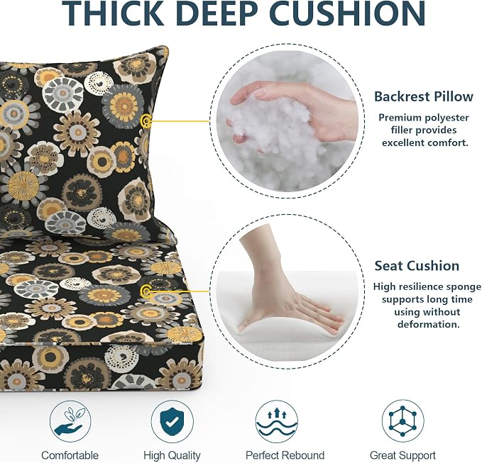 DYTXIII Outdoor Deep Seat Cushion Set, Water Repellent 22"x22" Patio Thick Cushions Replacement with Seat & Back Pillow for Patio Sofa, Wicker Chair, Couch - Black Yellow Crosby