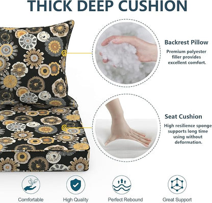 DYTXIII Outdoor Deep Seat Cushion Set, Water Repellent 22"x22" Patio Thick Cushions Replacement with Seat & Back Pillow for Patio Sofa, Wicker Chair, Couch - Black Yellow Crosby
