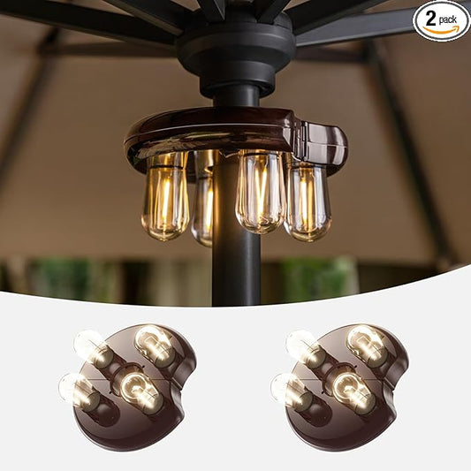 Patio 2 Packs Umbrella Light with LED Edison Bulbs, Battery Operation Cordless-Outdoor Umbrella Pole Lights with 2 Lighting Modes for Garden，Patio, Backyard, Camping or BBQ - Brown