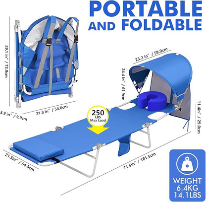 Backpack Beach Tanning Lounge Chair with Canopy Shade Face Hole Padded Adjustable Washable, 6 Position Layout Chair for Outside Sunbathing Poolside Lawn, UPF 50+ Wind-Resistant Sun Shade, 2Pack