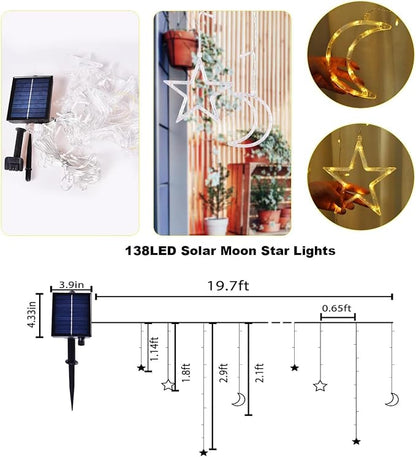 138 LED Ramadan Decorations Light Solar Moon Star Lights String Light Outdoor Waterproof Solar Powered Curtain Lights with 8 Modes Ramadan Hanging Decor for Patio (Warm White)