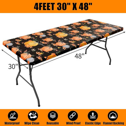 Smiry Thanksgiving Fitted Table Cover, 4 FT Flannel Backed Vinyl Tablecloth | Waterproof Elastic Stretch Table Cloth, Wipeable Plastic Tablecloth for Autumn Harvest & Parties (Black & Yellow, 30" x 48")