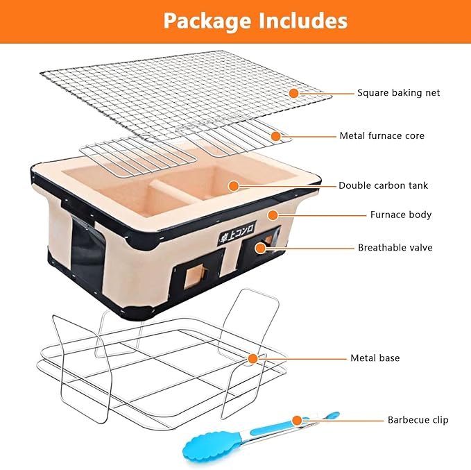 BBQ Charcoal Grill, Japanese Ceramic Clay BBQ Hibachi Grill Portable Yakitori Stove with Food Tongs for Camping, Outdoor, Indoor, Beige
