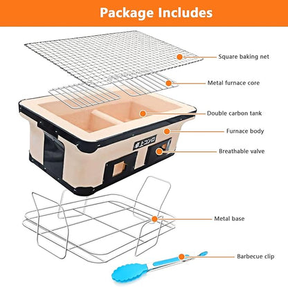 BBQ Charcoal Grill, Japanese Ceramic Clay BBQ Hibachi Grill Portable Yakitori Stove with Food Tongs for Camping, Outdoor, Indoor, Beige