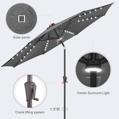 Solar Patio Umbrella with Centre Light, 10 ft Anthracite | 40 LED Lights, UV Protection, Solar Outdoor Umbrella for Porch, Deck, Pool, Table, Garden, Provides Evening Lighting