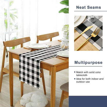 Hiasan Buffalo Plaid Table Runner Black and White, Classic Farmhouse Tabletop Collection, Waterproof Table Runner for Kitchen Dining, Banquet, Restaurant, Outdoor Use, 14W x 60L, 1 Piece