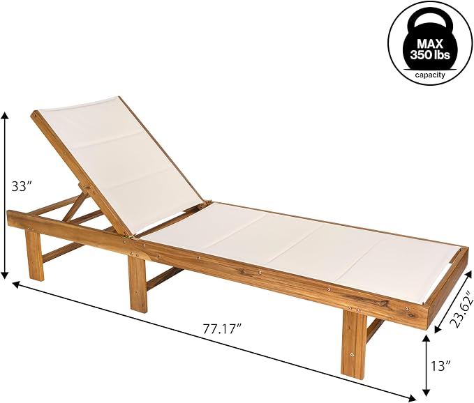 JONATHAN Y Lagunan 23.62" x 77.17" Acacia 5-Position Chair, White/Natural | Modern Coastal Reclining Patio Lounger, Foldable, Teak Oil Finish, 350lb Capacity, Breathable Mesh Sling Seat, Armless Design