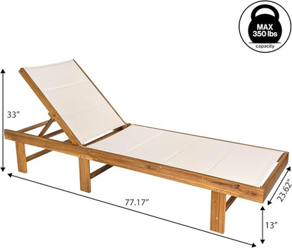 JONATHAN Y Lagunan 23.62" x 77.17" Acacia 5-Position Chair, White/Natural | Modern Coastal Reclining Patio Lounger, Foldable, Teak Oil Finish, 350lb Capacity, Breathable Mesh Sling Seat, Armless Design