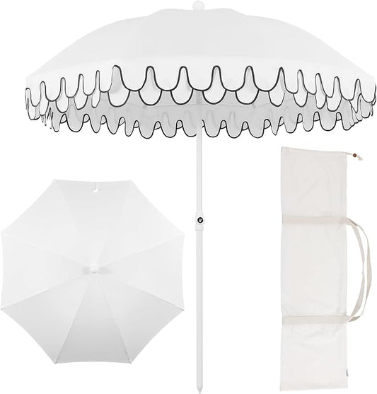 JONATHAN Y Horizon 6.5 ft. Scalloped Fringe Beach Umbrella, White | UV 50 Sun Protection, Push Button Tilt, Matching Carry Bag, Iron Pole, Wind Vent, 8 Fiberglass Ribs, Pointed End, Black Trim