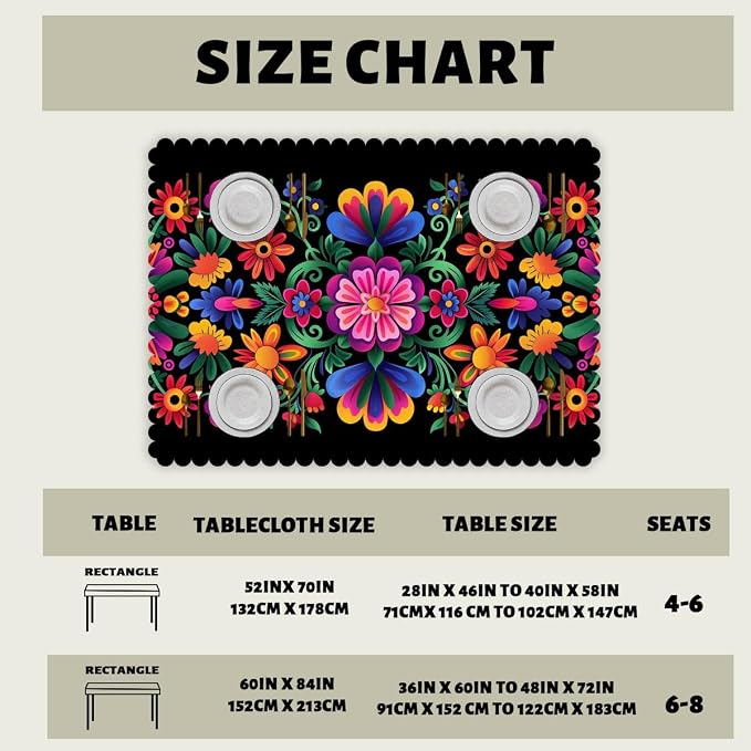 Mexican Fiesta Table Cloth Rectangle Tables Cinco De Mayo Day of The Dead Rectangle Kitchen Table Cover Oblong Tablecloth for Dining Table Buffet Parties Patio Camping 52" x 70" 4-6 Seats